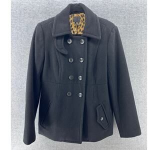 Lucky Brand Women's sz M Black Wool Peacoat Y2K Cheetah Print